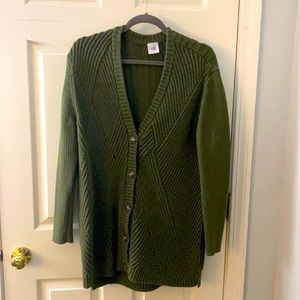 Olive green sweater cardigan.